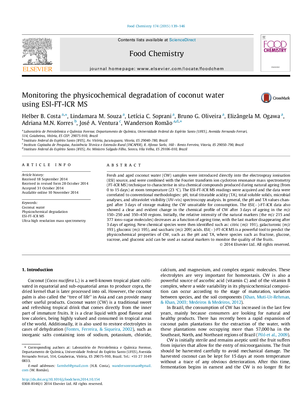 عکس صفحه اول مقاله: Monitoring the physicochemical degradation of coconut water using ESI-FT-ICR MS Monitoring the physicochemical degradation of coconut water using ESI-FT-ICR MS