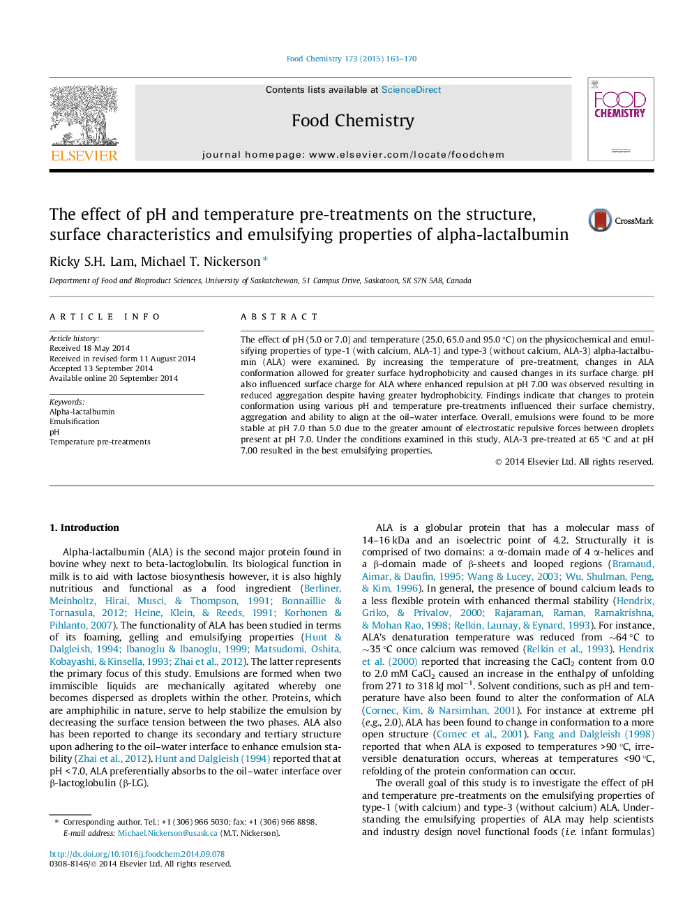 The effect of pH and temperature pre-treatments on the structure, surface characteristics and emulsifying properties of alpha-lactalbumin