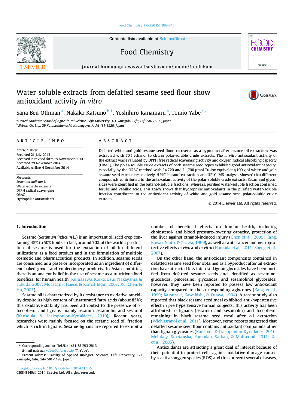 Water-soluble extracts from defatted sesame seed flour show antioxidant activity in vitro