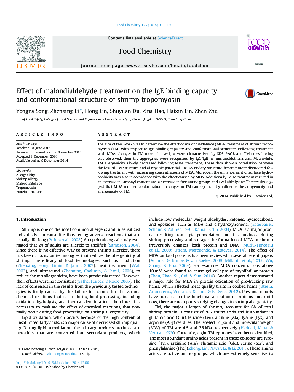 Effect of malondialdehyde treatment on the IgE binding capacity and conformational structure of shrimp tropomyosin