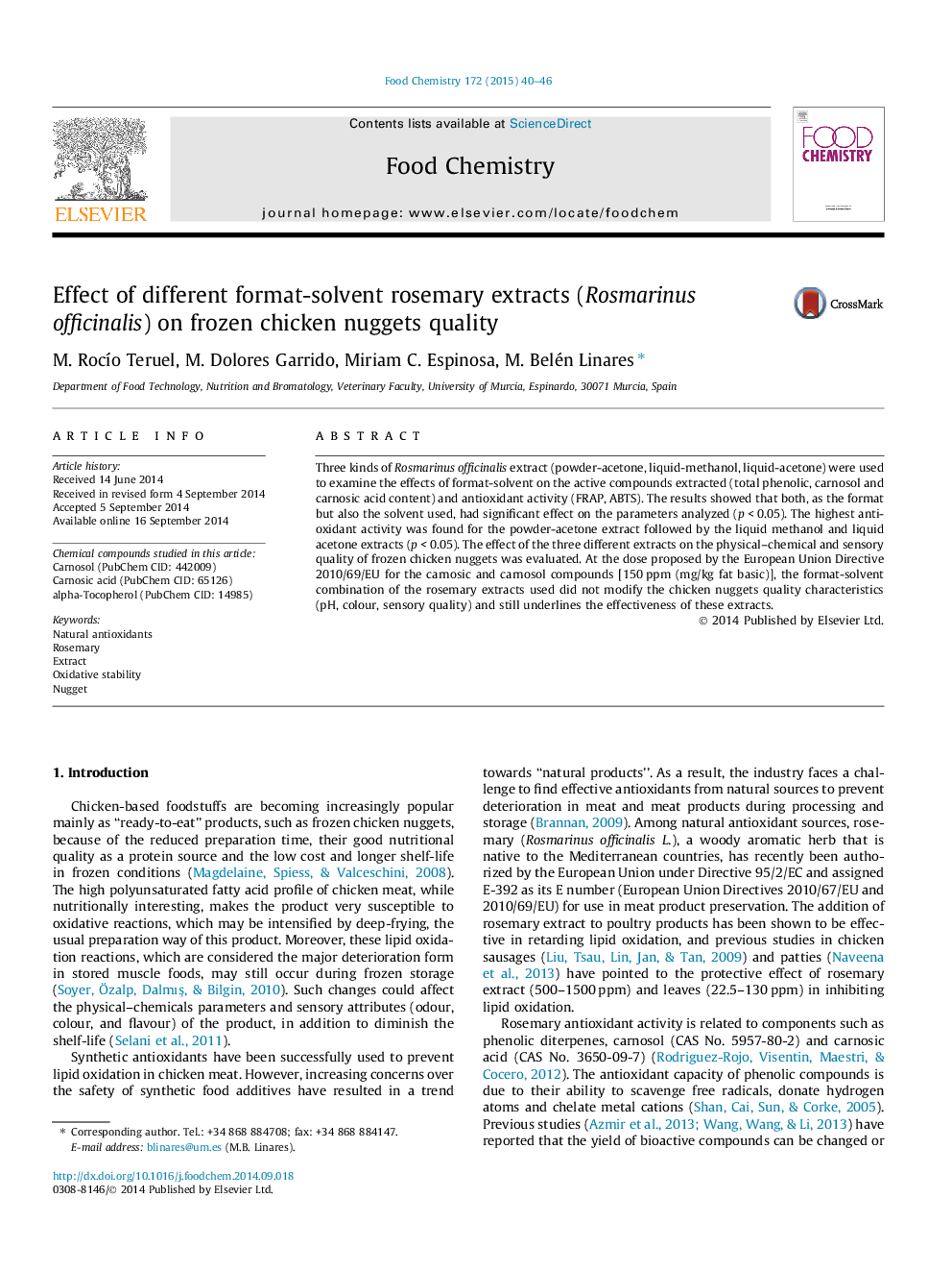 Effect of different format-solvent rosemary extracts (Rosmarinus officinalis) on frozen chicken nuggets quality