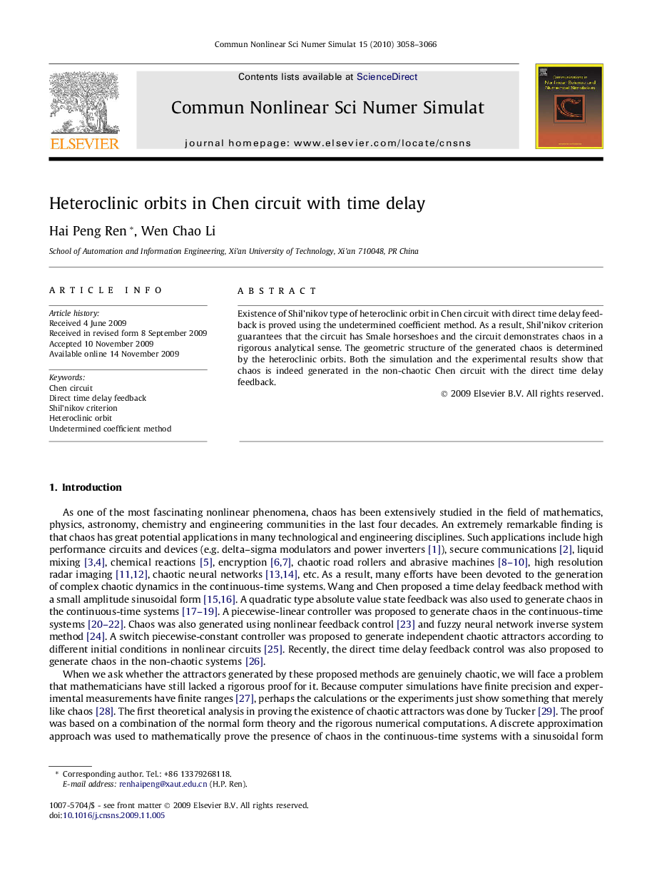 Heteroclinic orbits in Chen circuit with time delay