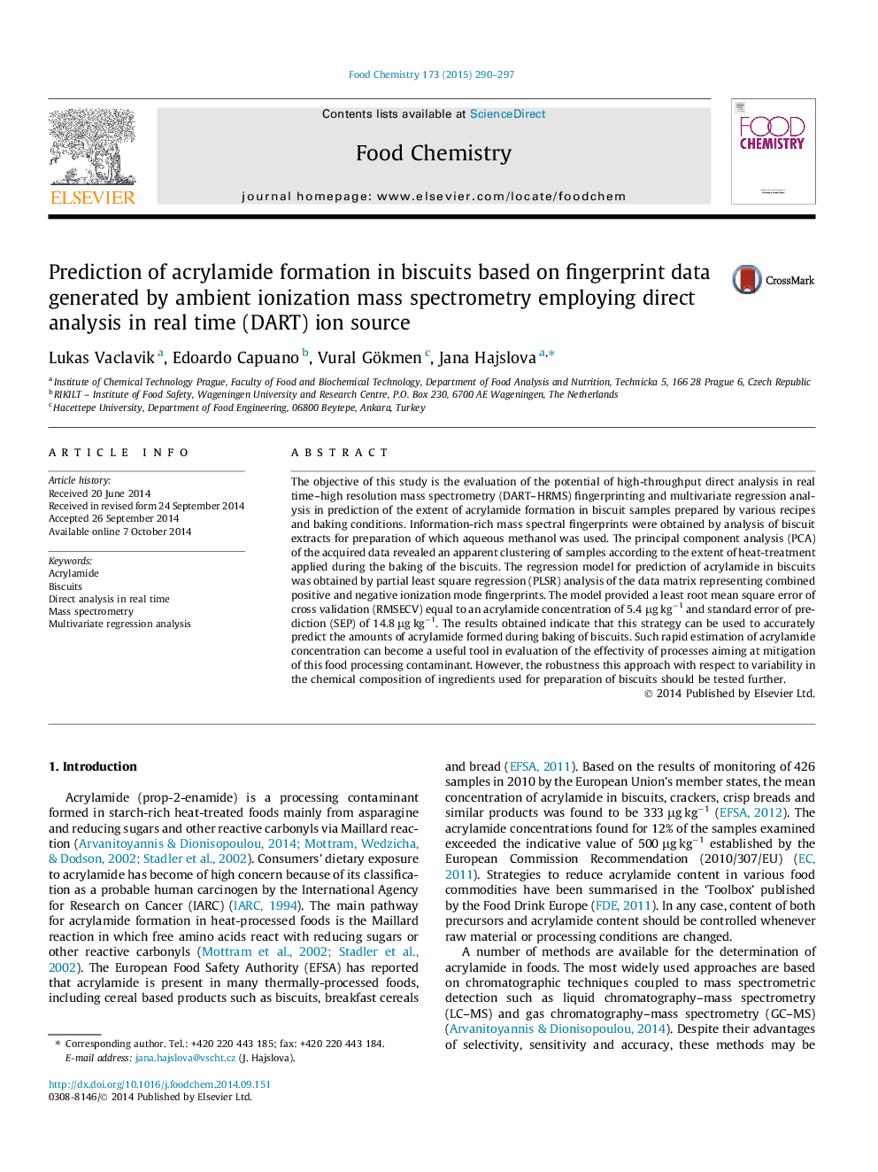 Prediction of acrylamide formation in biscuits based on fingerprint data generated by ambient ionization mass spectrometry employing direct analysis in real time (DART) ion source