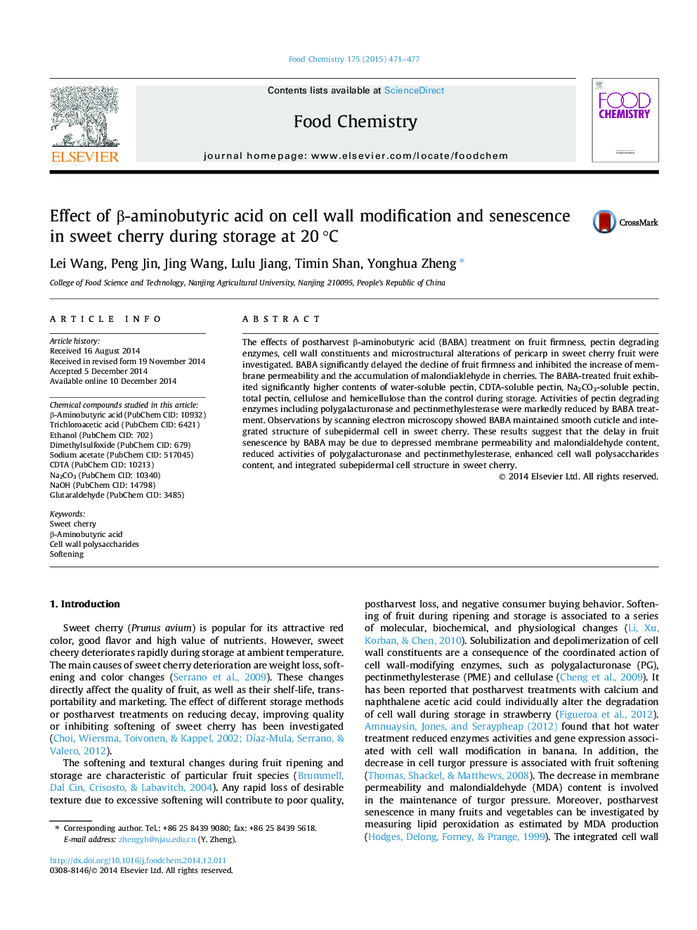 Effect of Î²-aminobutyric acid on cell wall modification and senescence in sweet cherry during storage at 20Â Â°C