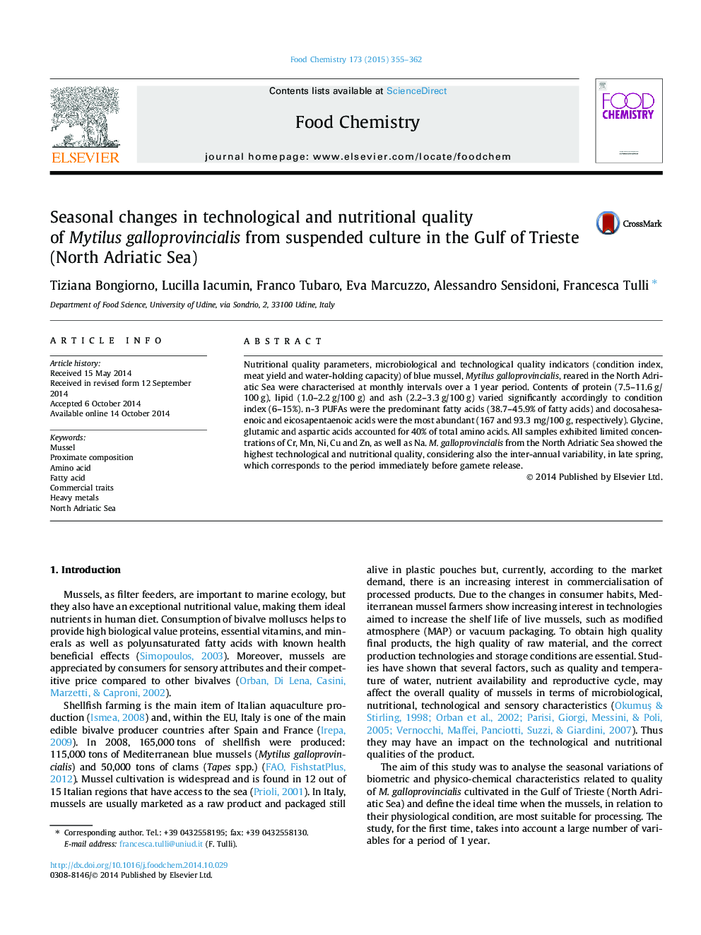 Seasonal changes in technological and nutritional quality of Mytilus galloprovincialis from suspended culture in the Gulf of Trieste (North Adriatic Sea)