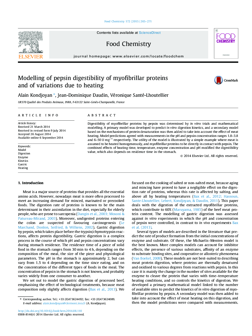 Modelling of pepsin digestibility of myofibrillar proteins and of variations due to heating