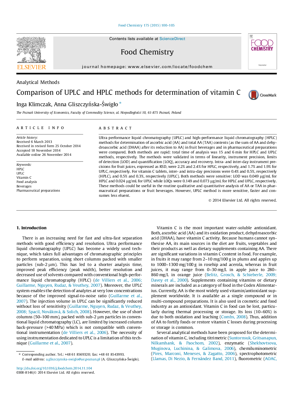 Comparison of UPLC and HPLC methods for determination of vitamin C