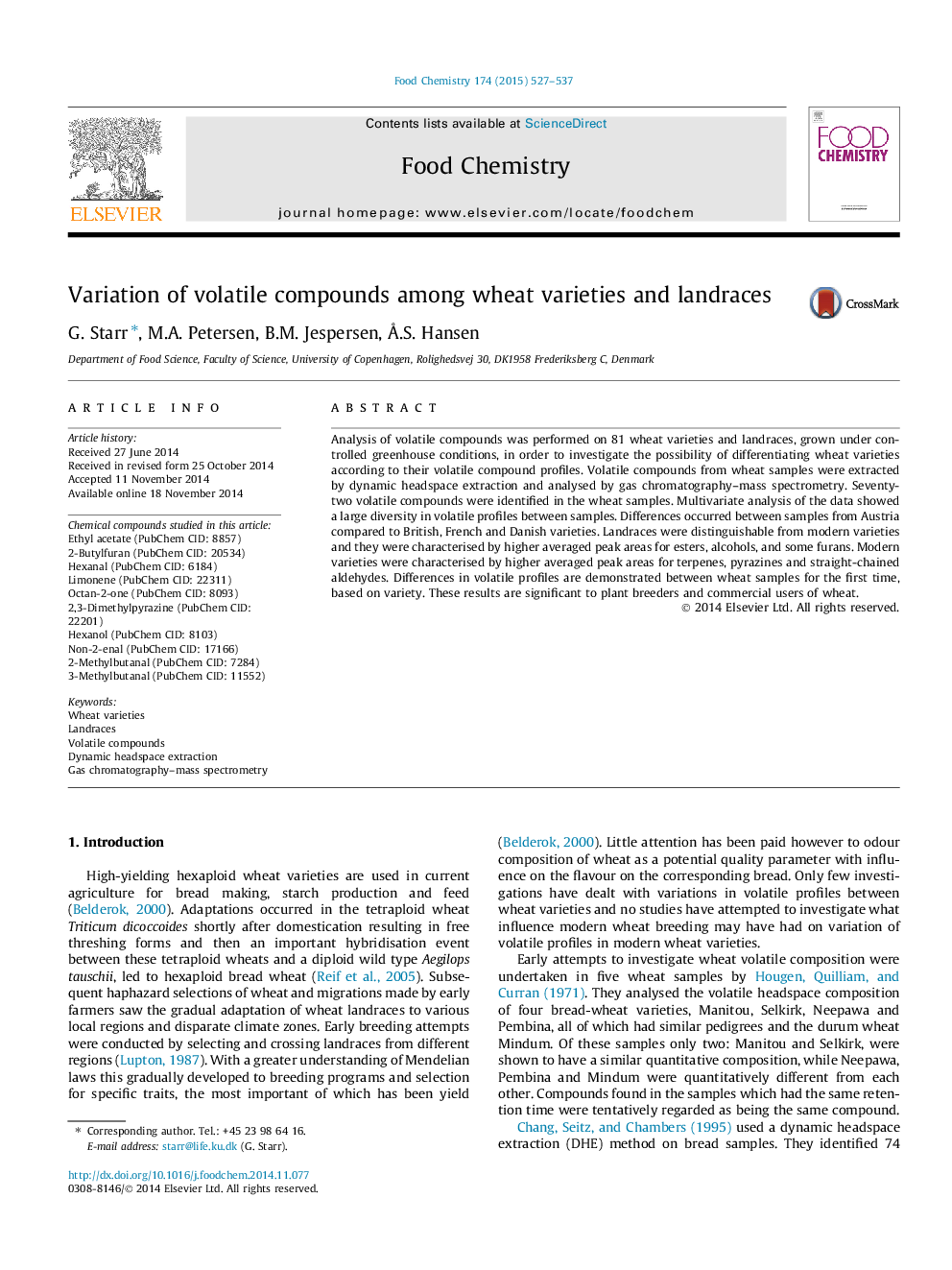 Variation of volatile compounds among wheat varieties and landraces