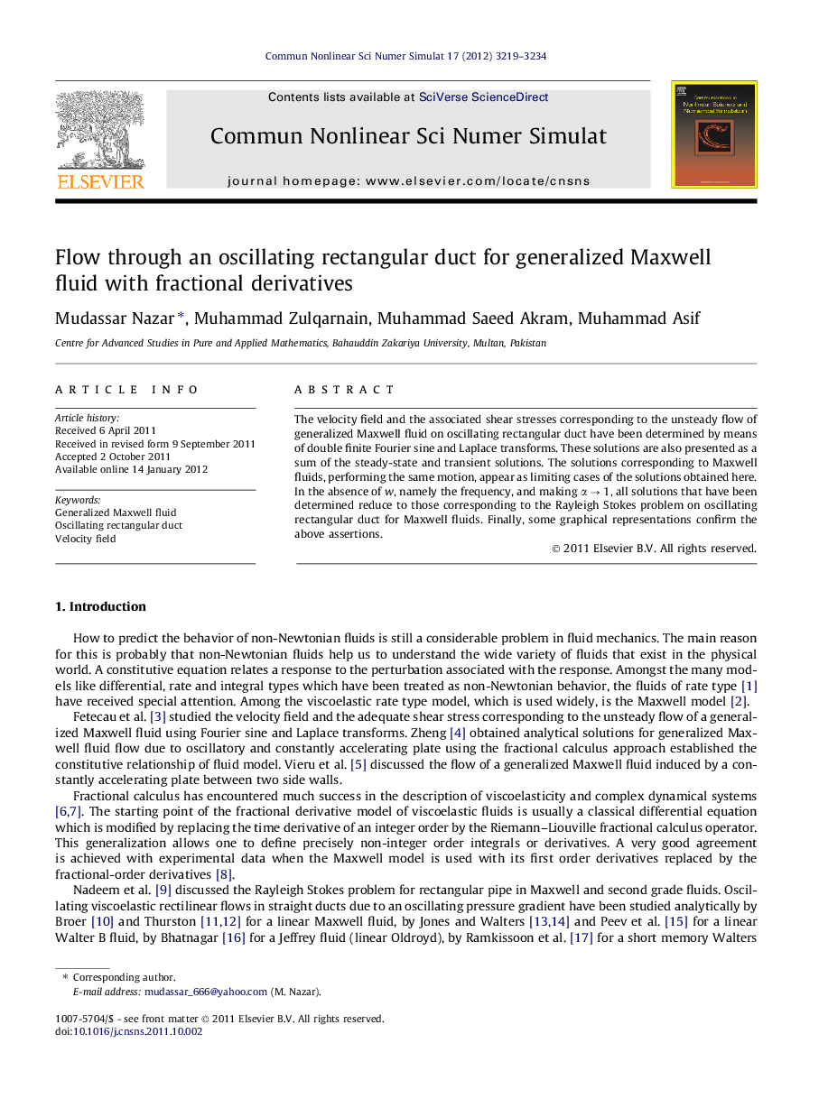 Flow through an oscillating rectangular duct for generalized Maxwell fluid with fractional derivatives