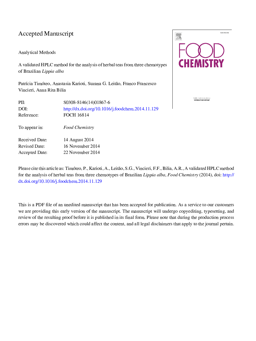 A validated HPLC method for the analysis of herbal teas from three chemotypes of Brazilian Lippia alba