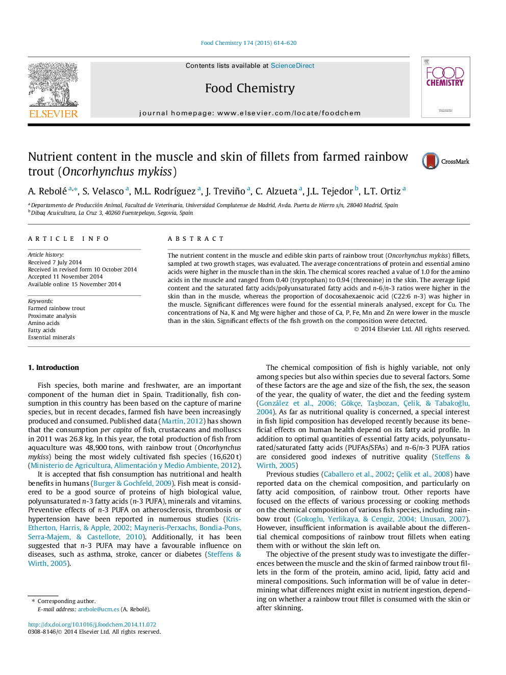 Nutrient content in the muscle and skin of fillets from farmed rainbow trout (Oncorhynchus mykiss)