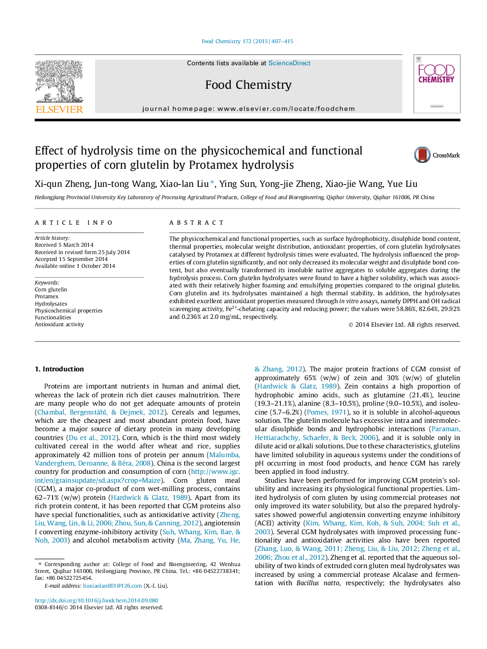 Effect of hydrolysis time on the physicochemical and functional properties of corn glutelin by Protamex hydrolysis