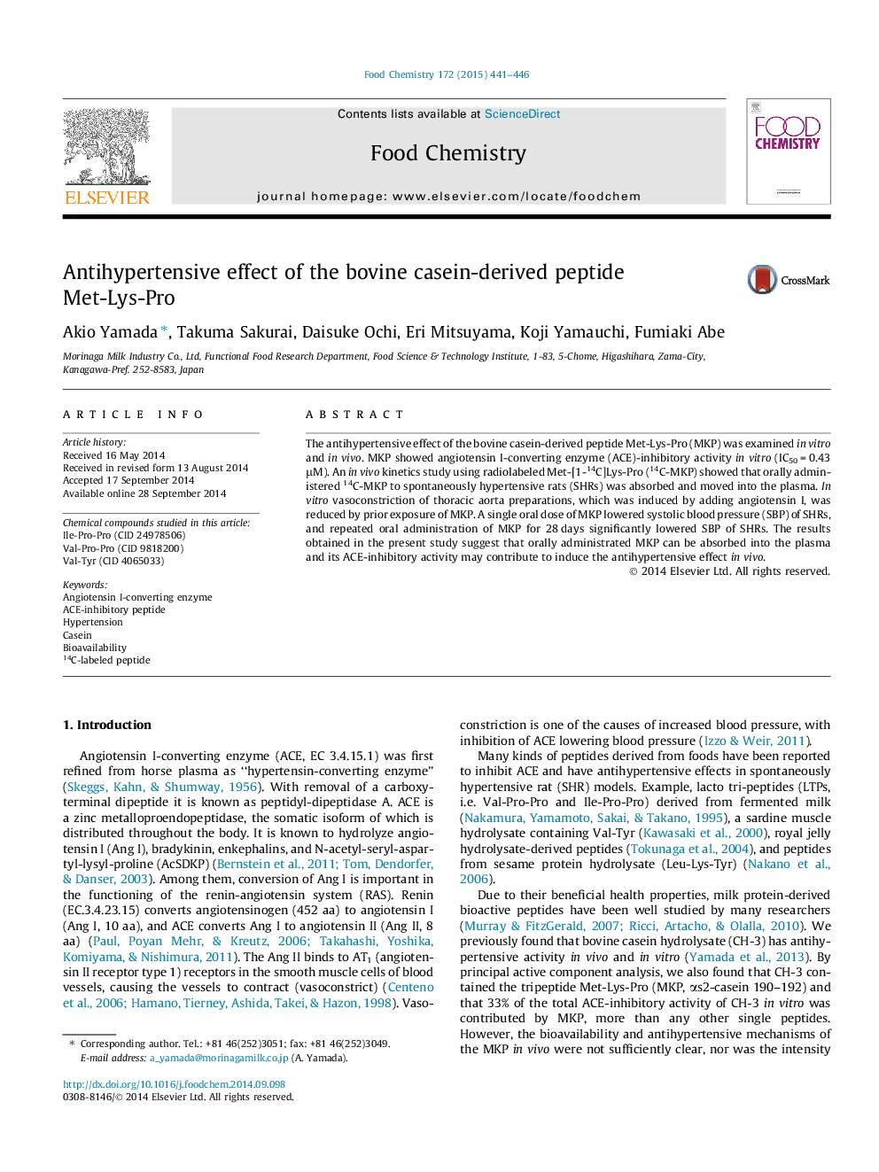 Antihypertensive effect of the bovine casein-derived peptide Met-Lys-Pro