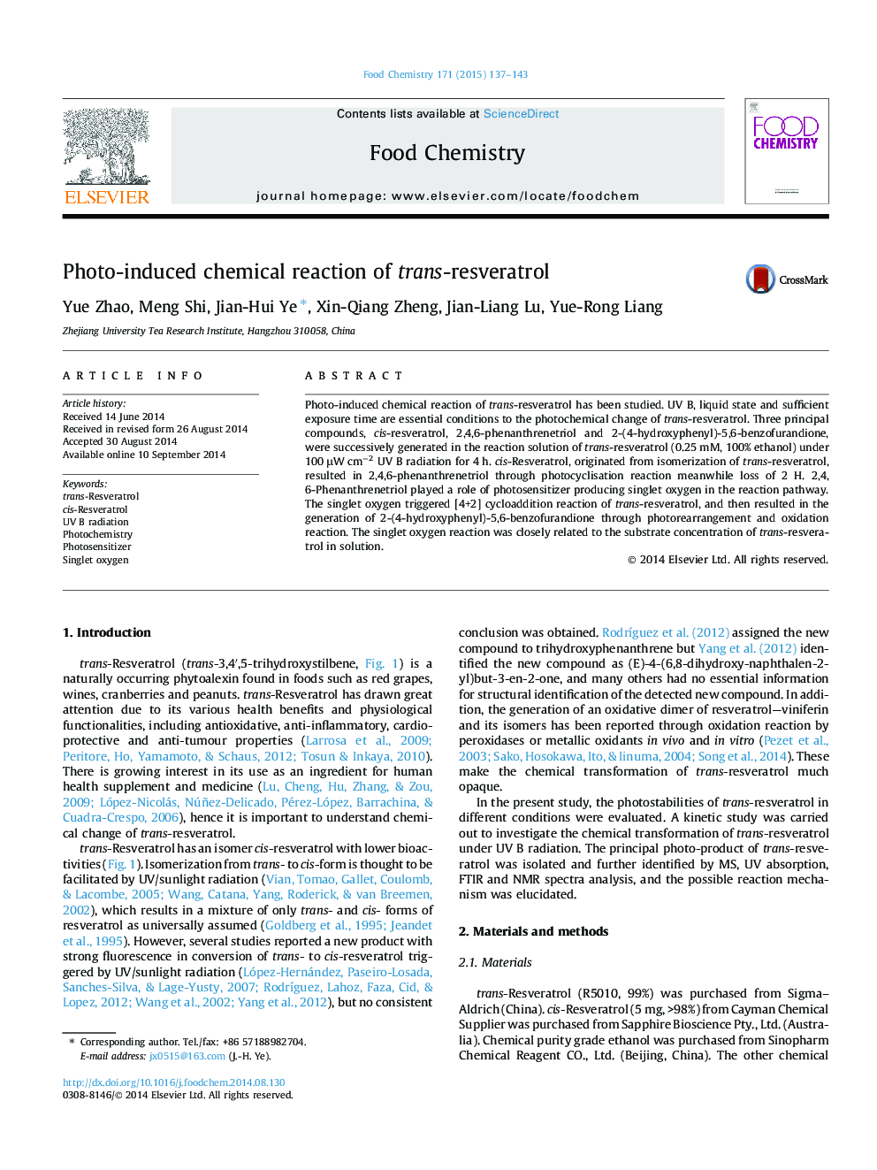 Photo-induced chemical reaction of trans-resveratrol