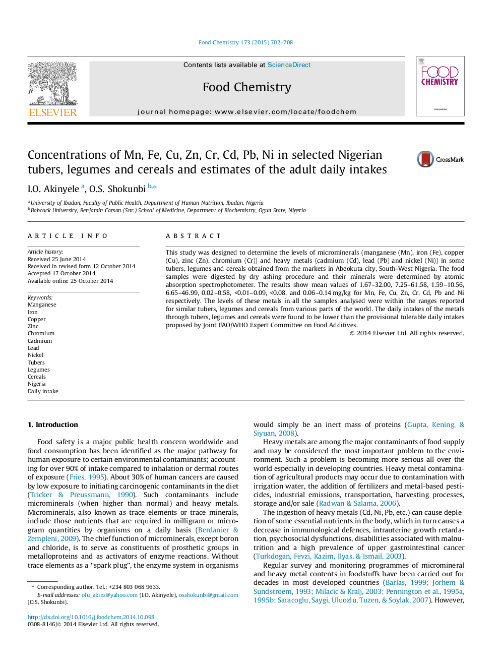 Concentrations of Mn, Fe, Cu, Zn, Cr, Cd, Pb, Ni in selected Nigerian tubers, legumes and cereals and estimates of the adult daily intakes