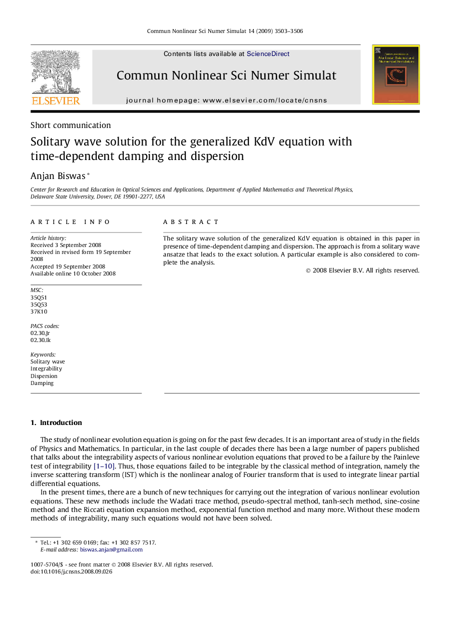 Solitary wave solution for the generalized KdV equation with time-dependent damping and dispersion