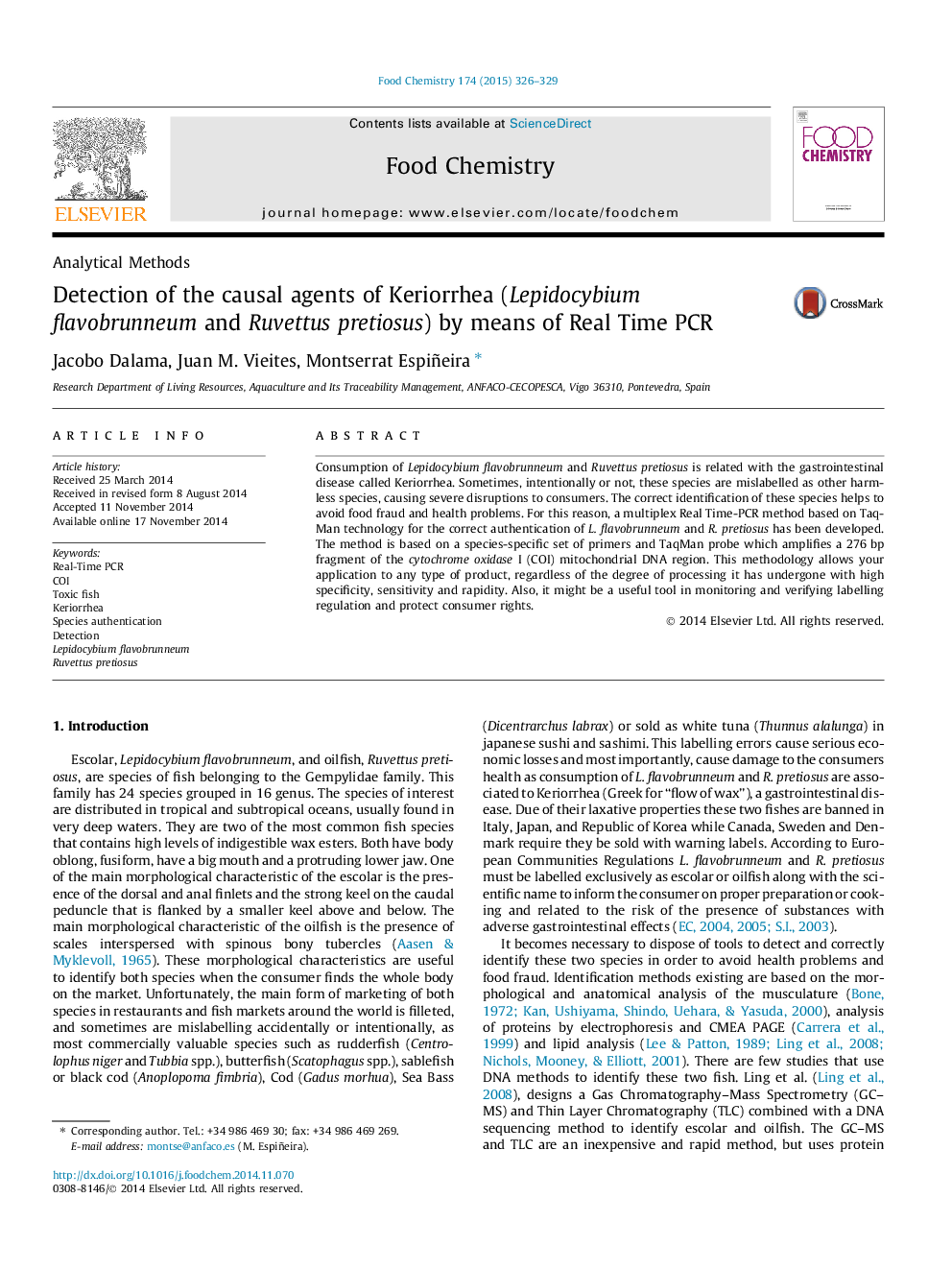 Detection of the causal agents of Keriorrhea (Lepidocybium flavobrunneum and Ruvettus pretiosus) by means of Real Time PCR