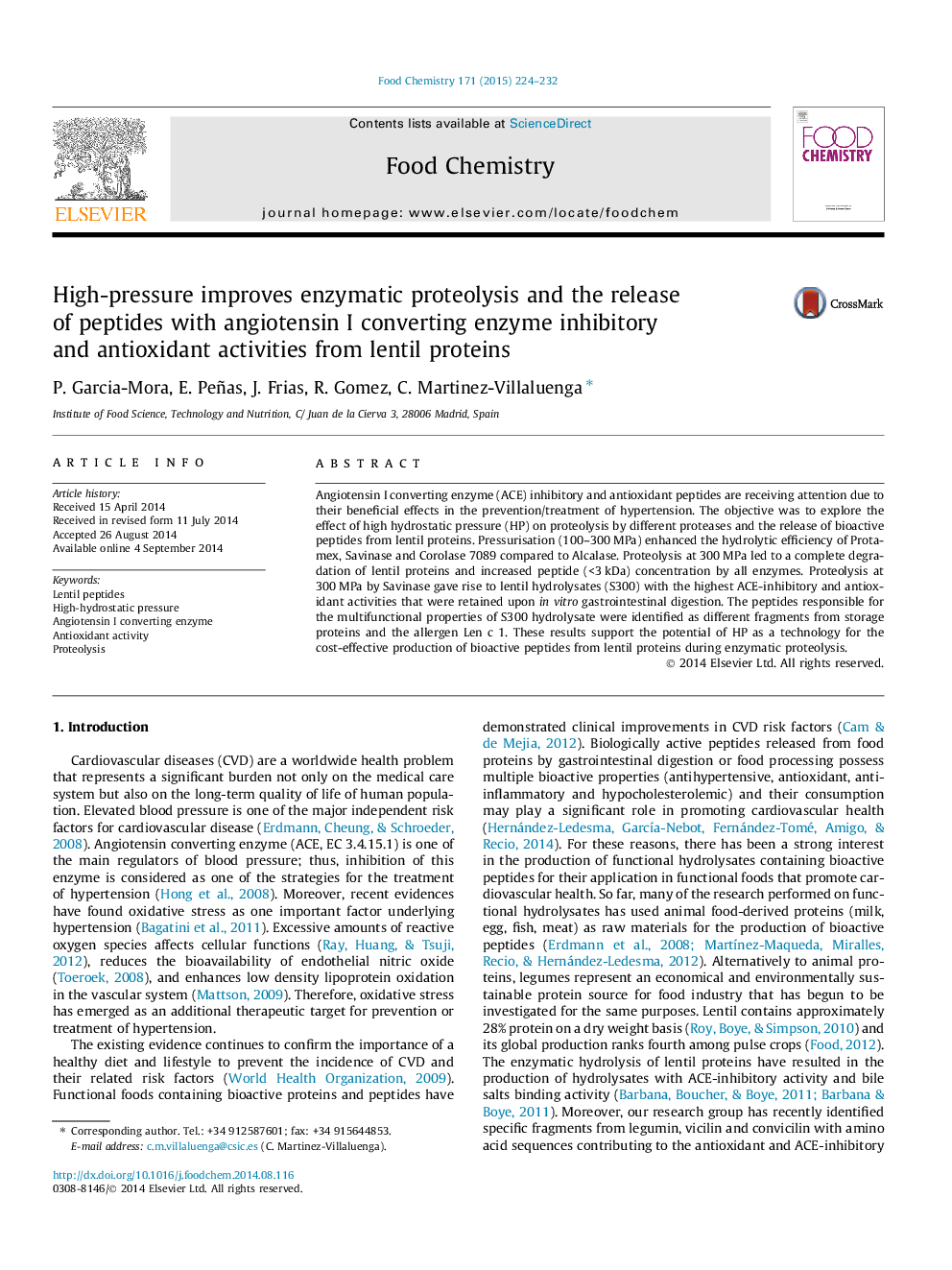عکس صفحه اول مقاله: High-pressure improves enzymatic proteolysis and the release of peptides with angiotensin I converting enzyme inhibitory and antioxidant activities from lentil proteins High-pressure improves enzymatic proteolysis and the release of peptides with angiotensin I converting enzyme inhibitory and antioxidant activities from lentil proteins