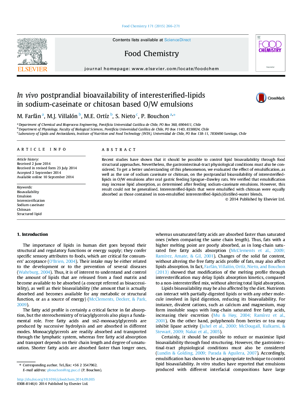 In vivo postprandial bioavailability of interesterified-lipids in sodium-caseinate or chitosan based O/W emulsions