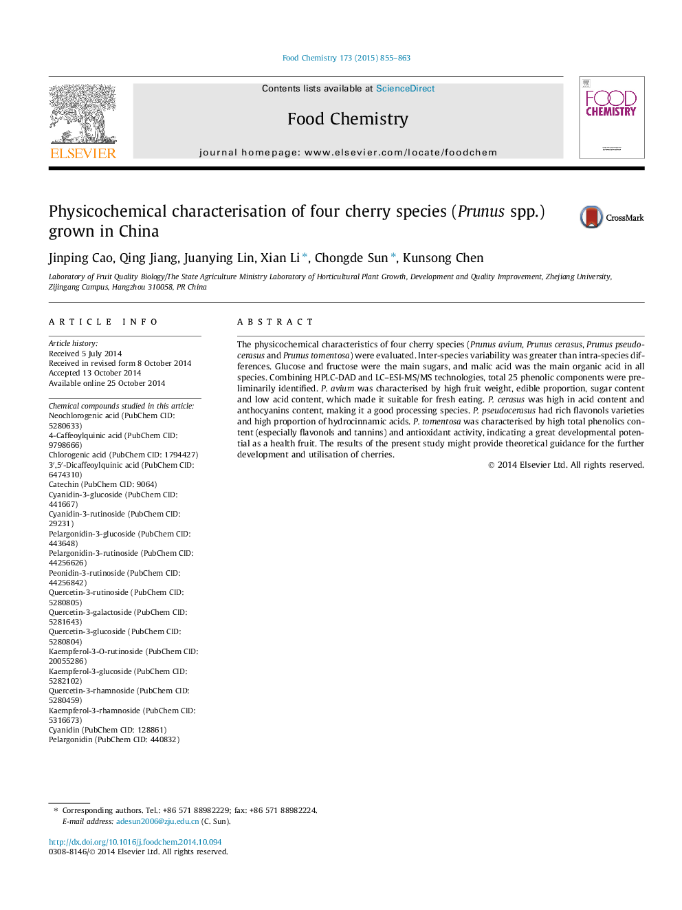 Physicochemical characterisation of four cherry species (Prunus spp.) grown in China