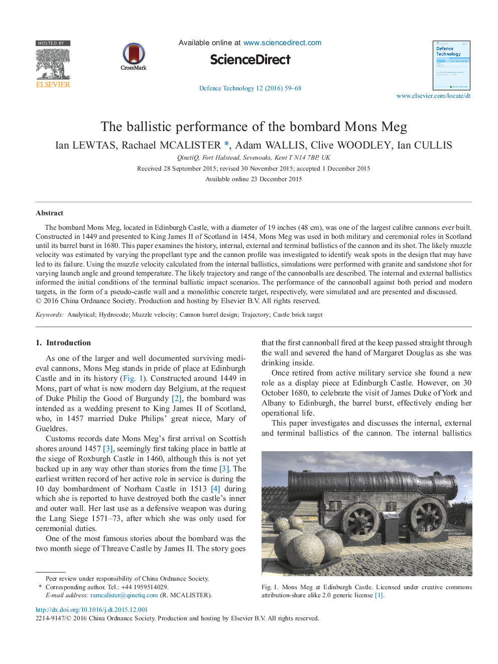 The ballistic performance of the bombard Mons Meg 