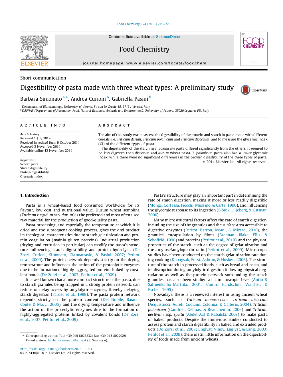 Digestibility of pasta made with three wheat types: A preliminary study