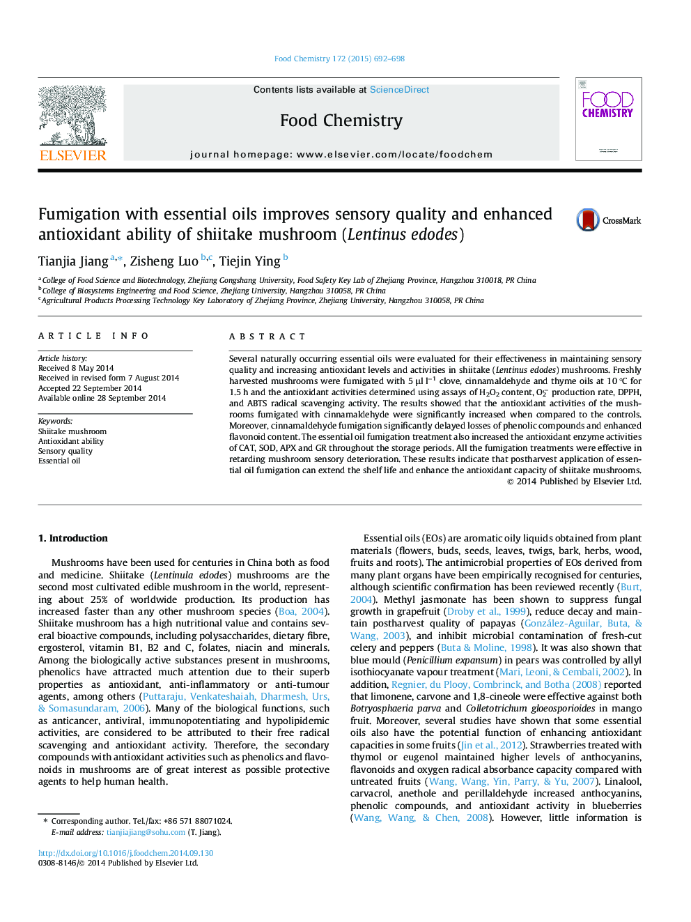 Fumigation with essential oils improves sensory quality and enhanced antioxidant ability of shiitake mushroom (Lentinus edodes)