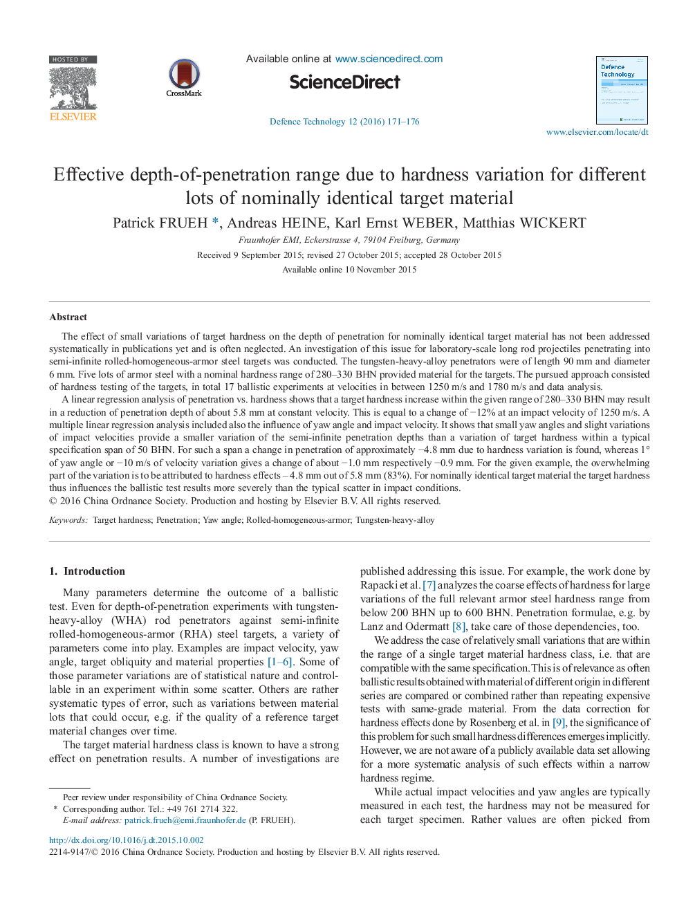 Effective depth-of-penetration range due to hardness variation for different lots of nominally identical target material 