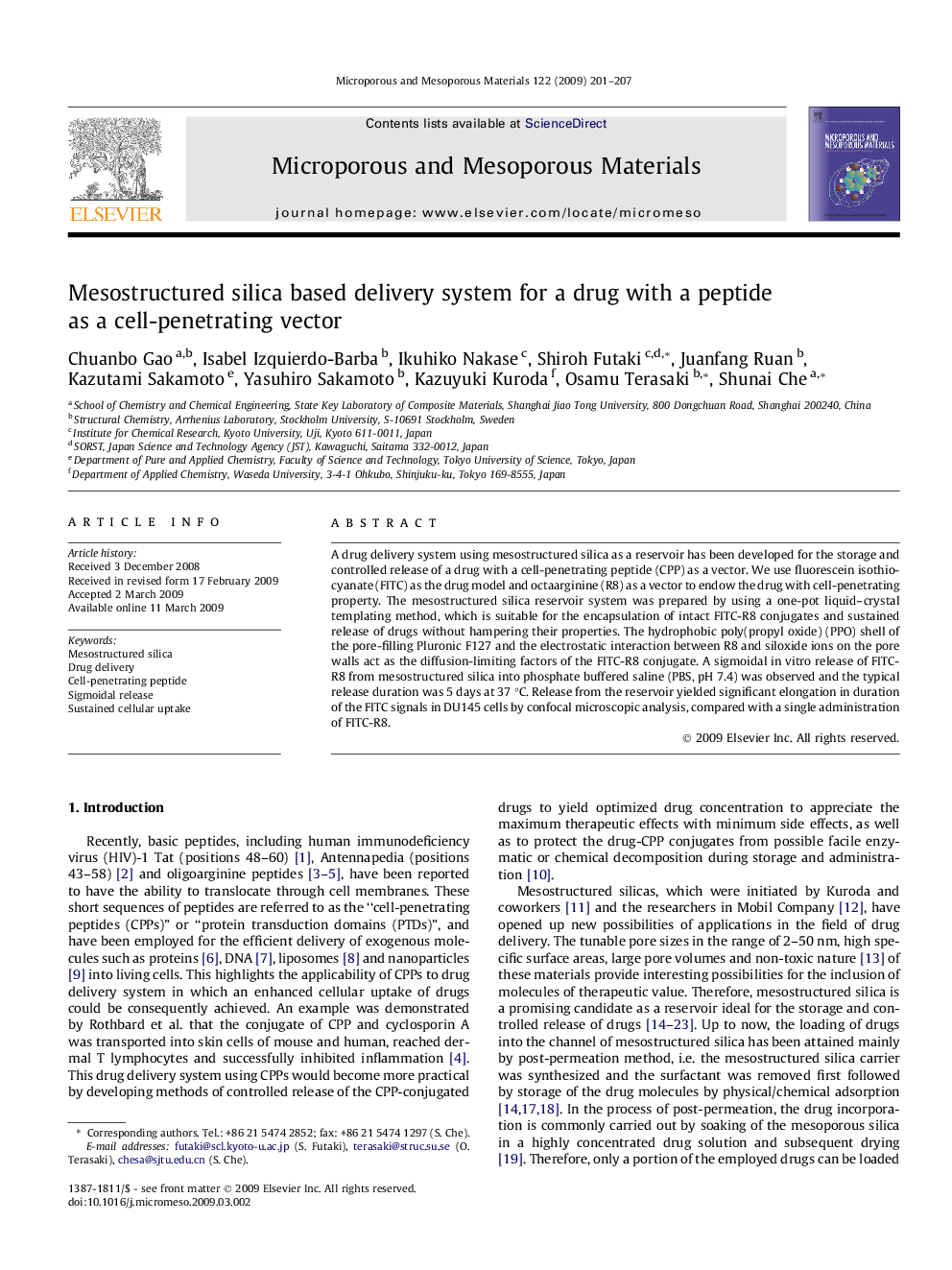 عکس صفحه اول مقاله: Mesostructured silica based delivery system for a drug with a peptide as a cell-penetrating vector Mesostructured silica based delivery system for a drug with a peptide as a cell-penetrating vector