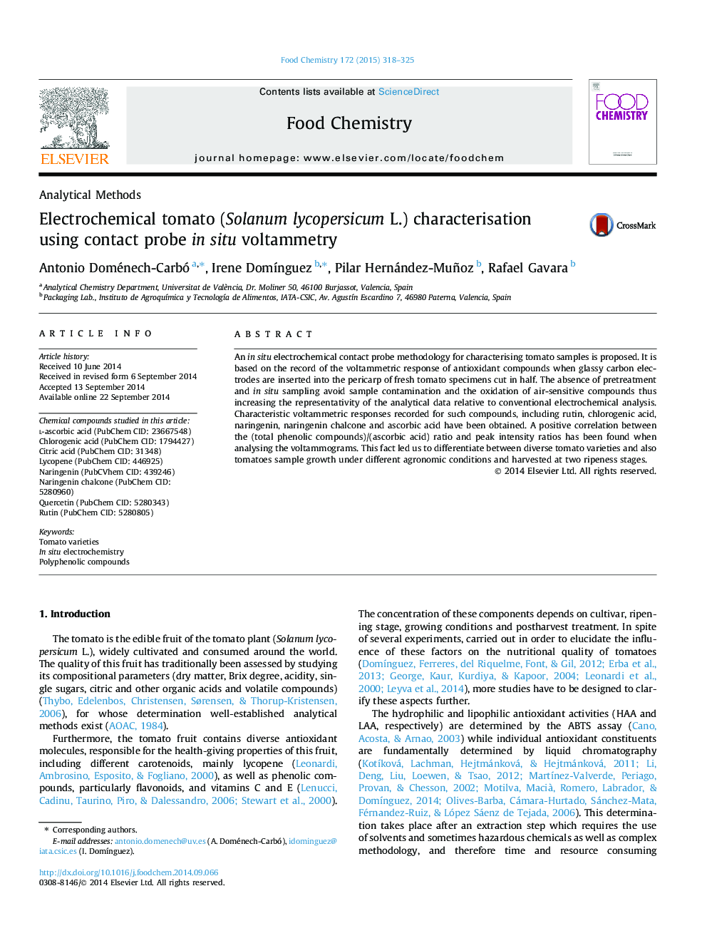 Electrochemical tomato (Solanum lycopersicum L.) characterisation using contact probe in situ voltammetry