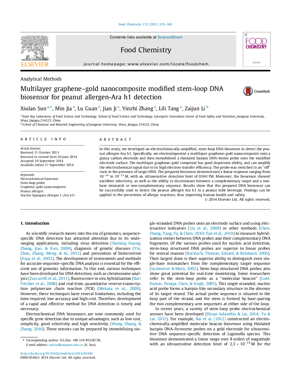 Multilayer graphene-gold nanocomposite modified stem-loop DNA biosensor for peanut allergen-Ara h1 detection