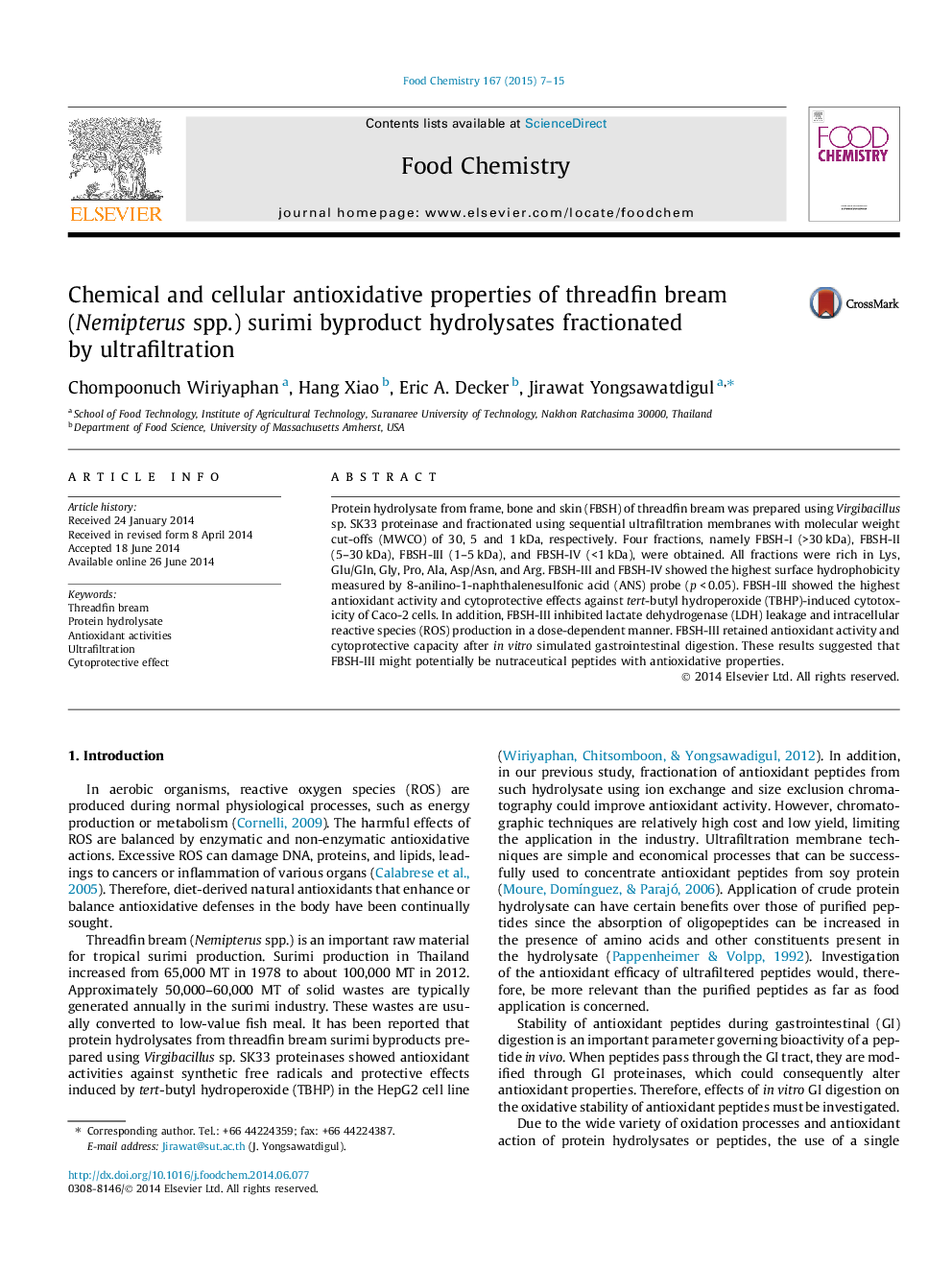 Chemical and cellular antioxidative properties of threadfin bream (Nemipterus spp.) surimi byproduct hydrolysates fractionated by ultrafiltration