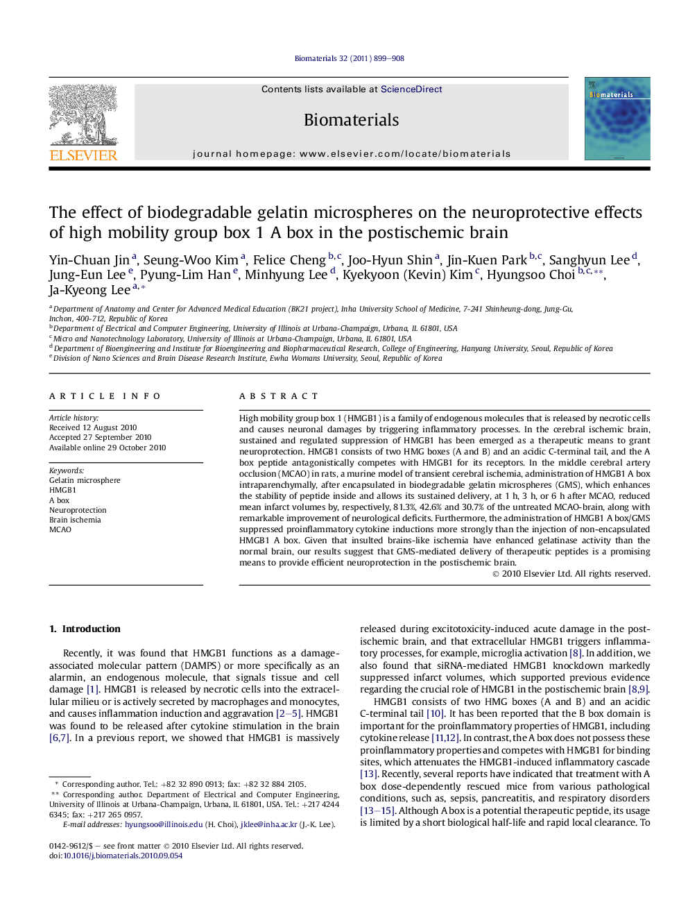 The effect of biodegradable gelatin microspheres on the neuroprotective effects of high mobility group box 1 A box in the postischemic brain