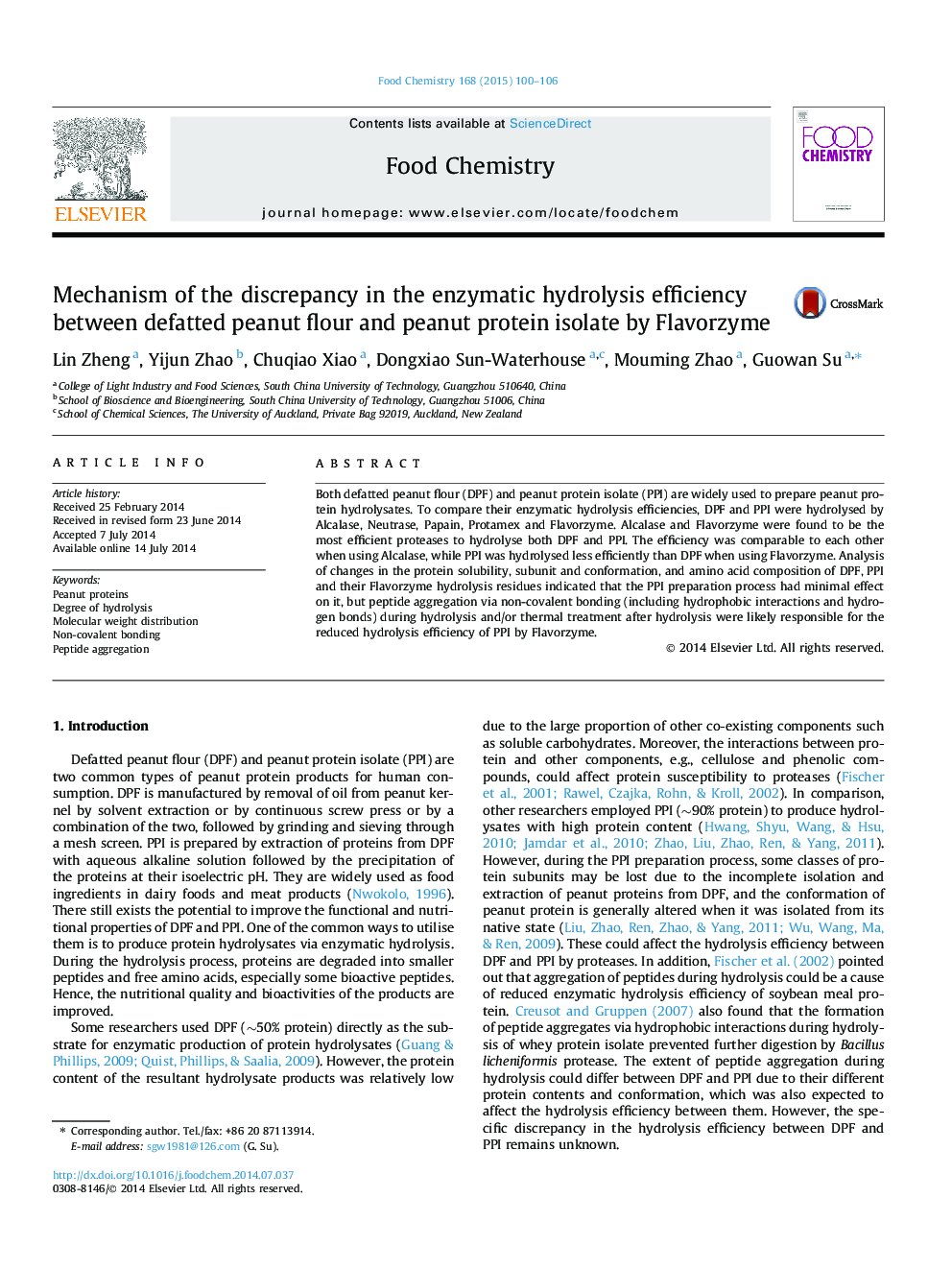 Mechanism of the discrepancy in the enzymatic hydrolysis efficiency between defatted peanut flour and peanut protein isolate by Flavorzyme