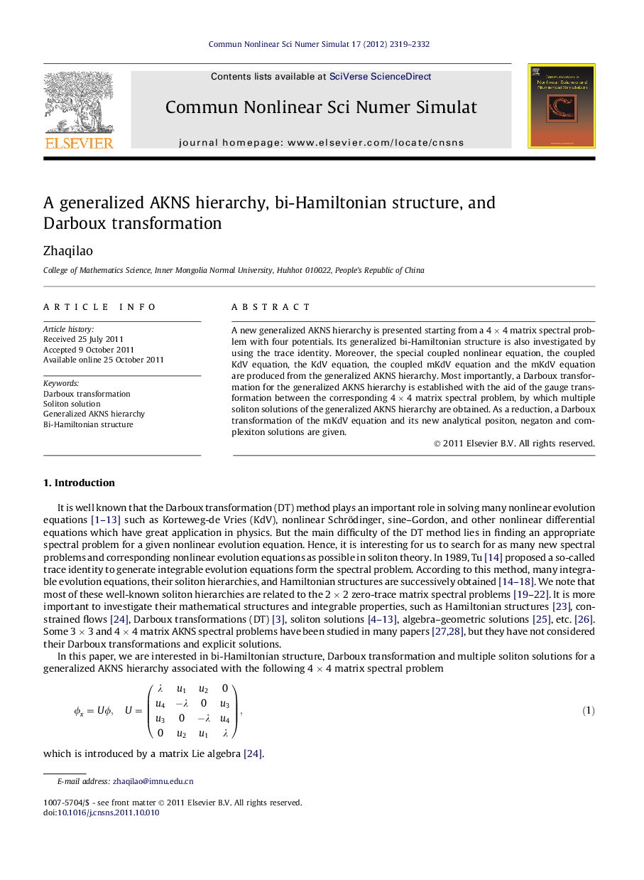 A generalized AKNS hierarchy, bi-Hamiltonian structure, and Darboux transformation