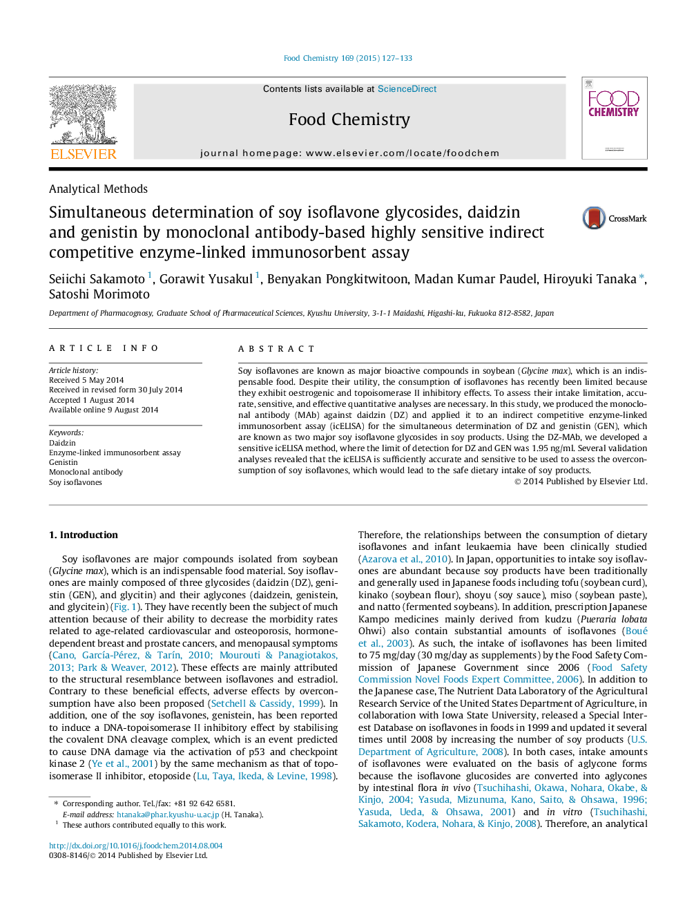 Simultaneous determination of soy isoflavone glycosides, daidzin and genistin by monoclonal antibody-based highly sensitive indirect competitive enzyme-linked immunosorbent assay