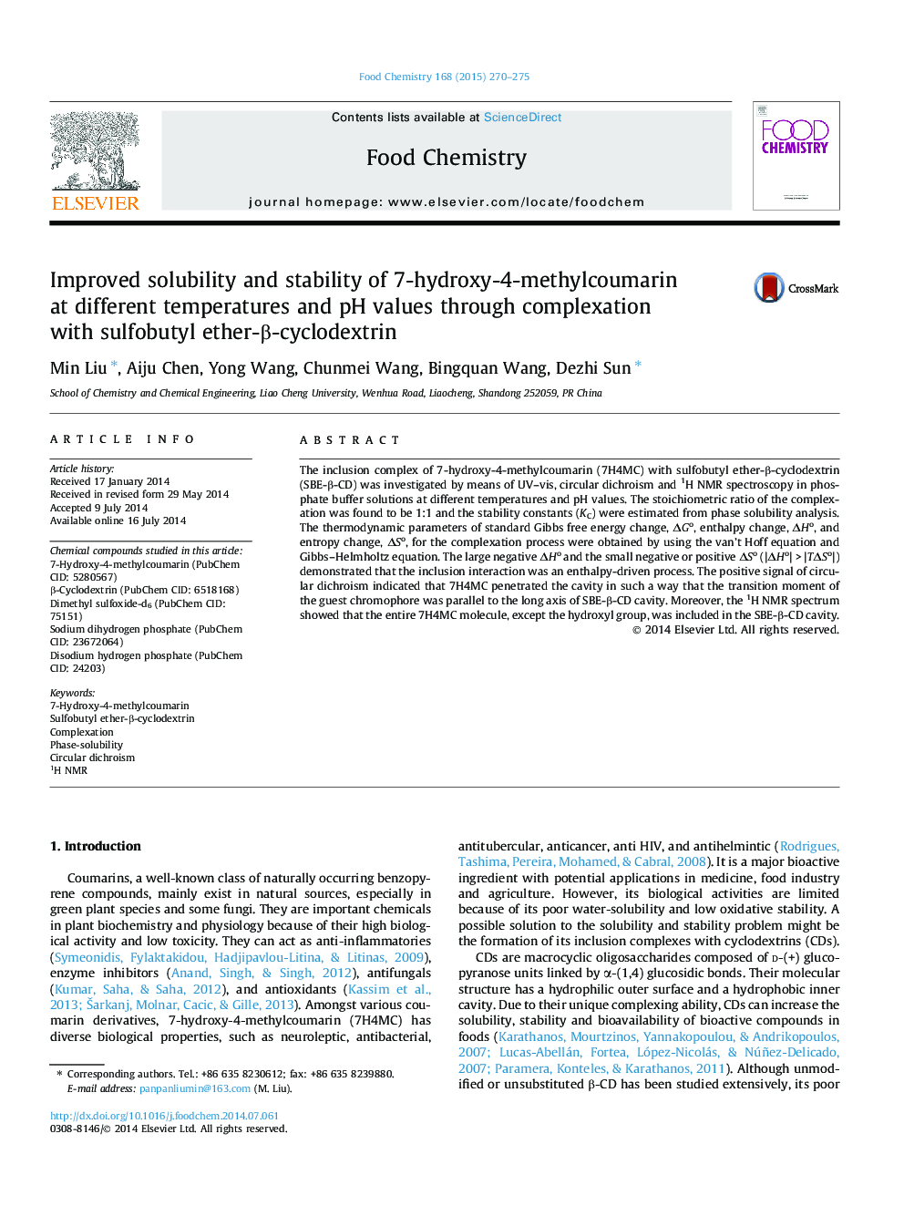 Improved solubility and stability of 7-hydroxy-4-methylcoumarin at different temperatures and pH values through complexation with sulfobutyl ether-Î²-cyclodextrin