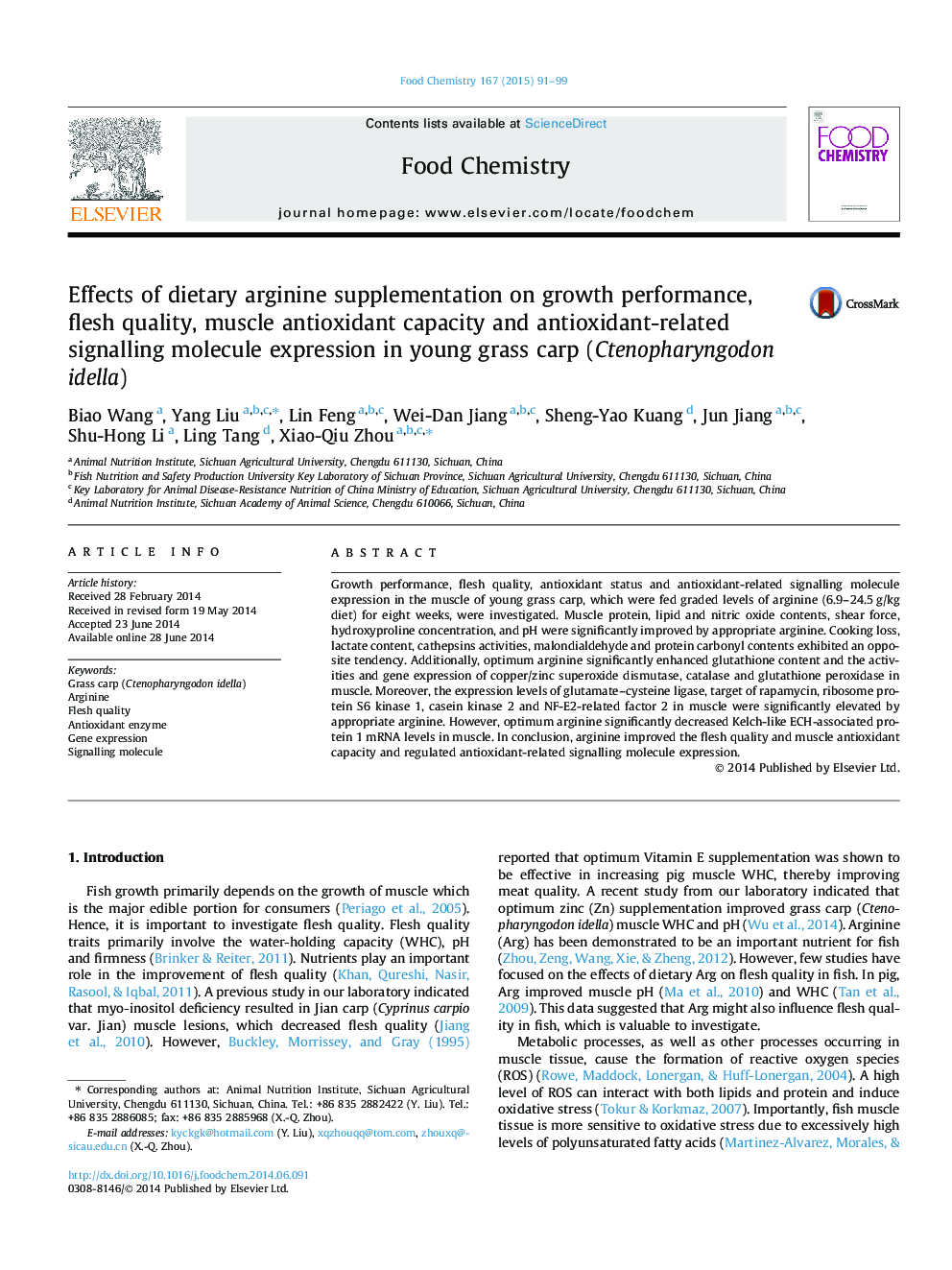 Effects of dietary arginine supplementation on growth performance, flesh quality, muscle antioxidant capacity and antioxidant-related signalling molecule expression in young grass carp (Ctenopharyngodon idella)