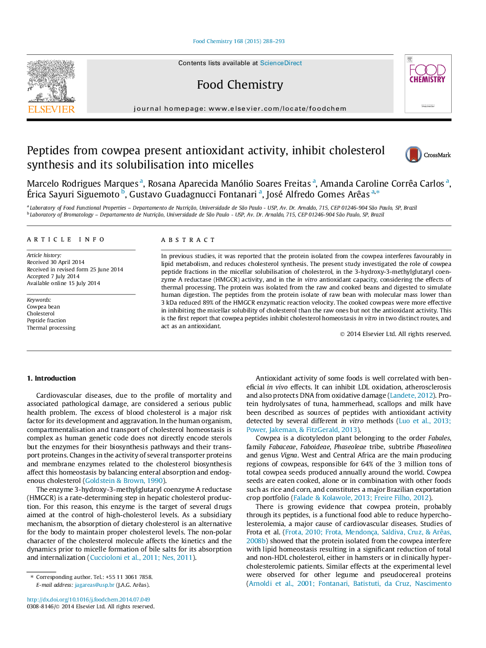 Peptides from cowpea present antioxidant activity, inhibit cholesterol synthesis and its solubilisation into micelles