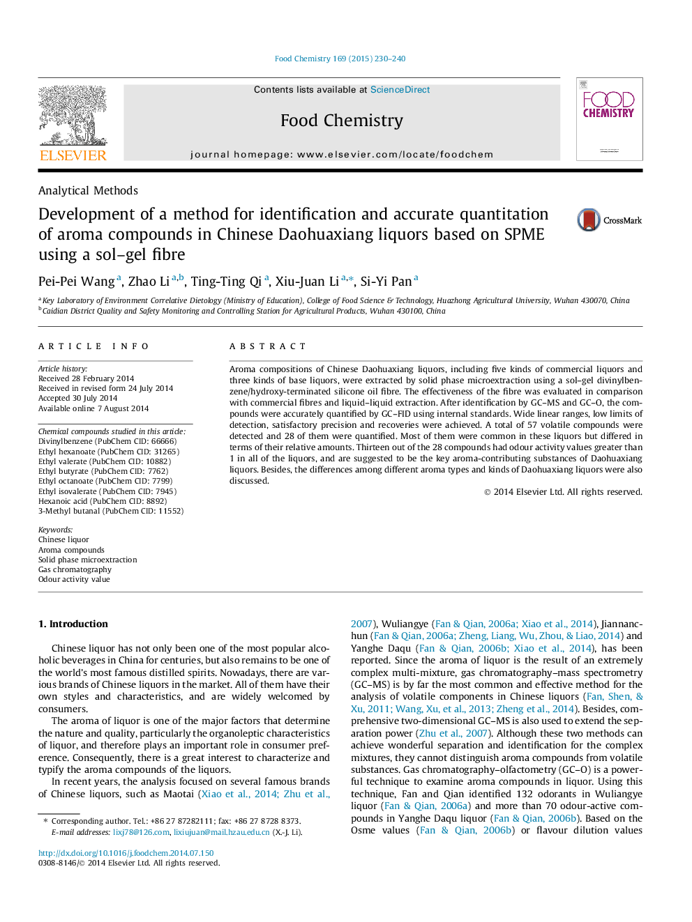 Development of a method for identification and accurate quantitation of aroma compounds in Chinese Daohuaxiang liquors based on SPME using a sol-gel fibre