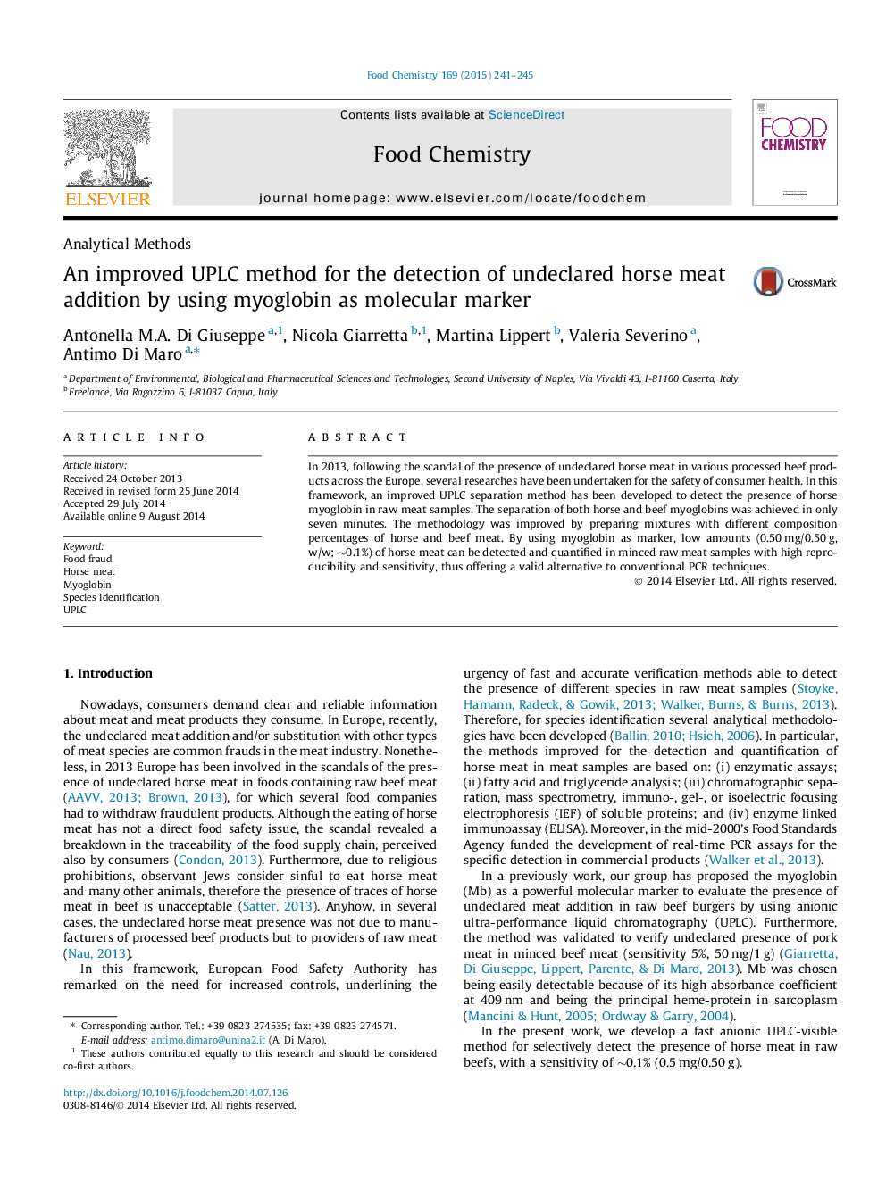 An improved UPLC method for the detection of undeclared horse meat addition by using myoglobin as molecular marker