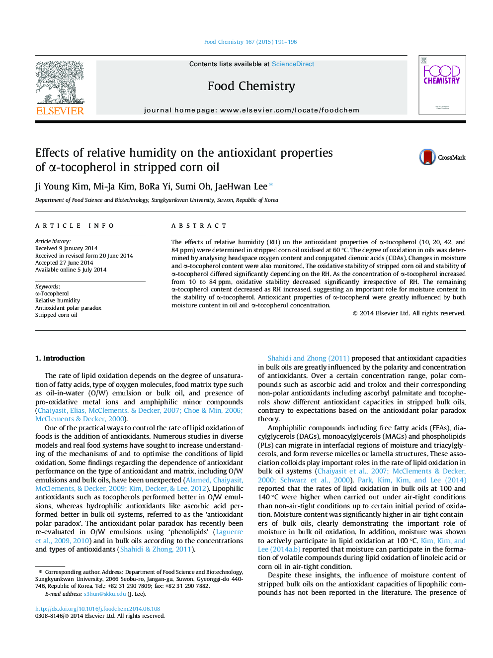 Effects of relative humidity on the antioxidant properties of Î±-tocopherol in stripped corn oil