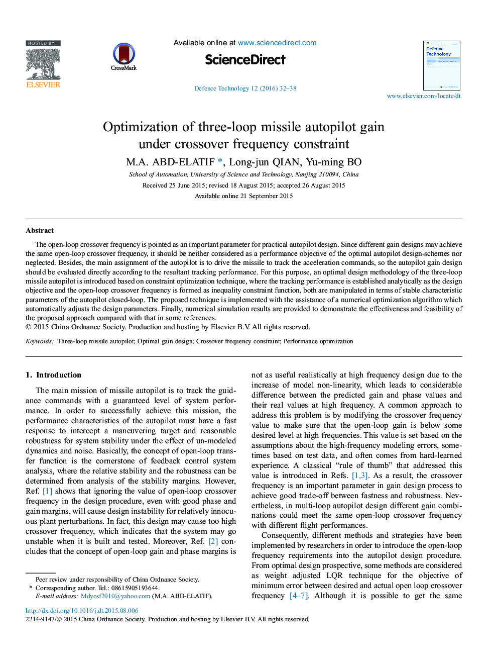 Optimization of three-loop missile autopilot gain under crossover frequency constraint 