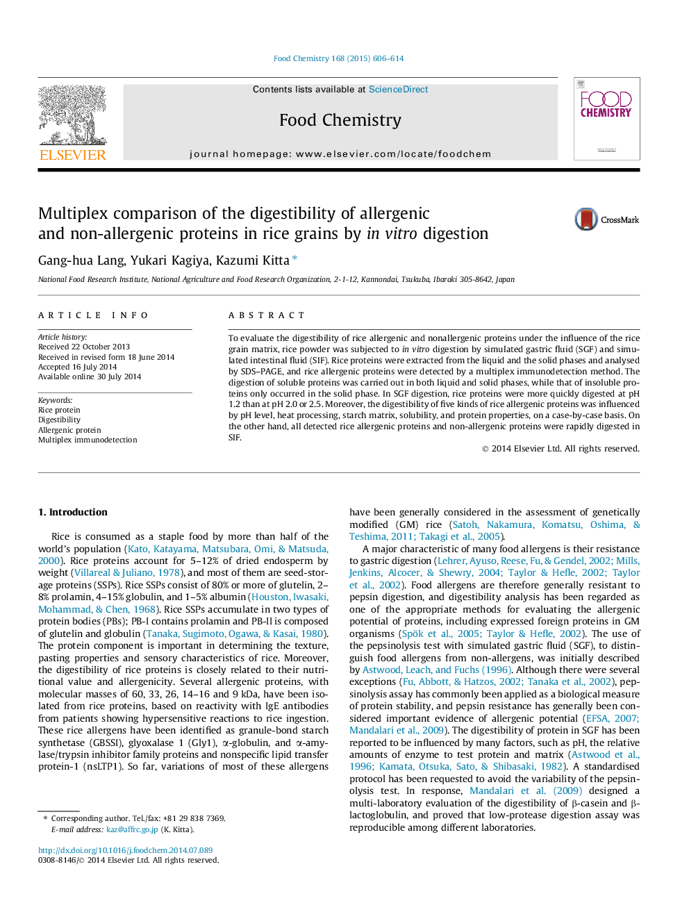 Multiplex comparison of the digestibility of allergenic and non-allergenic proteins in rice grains by in vitro digestion