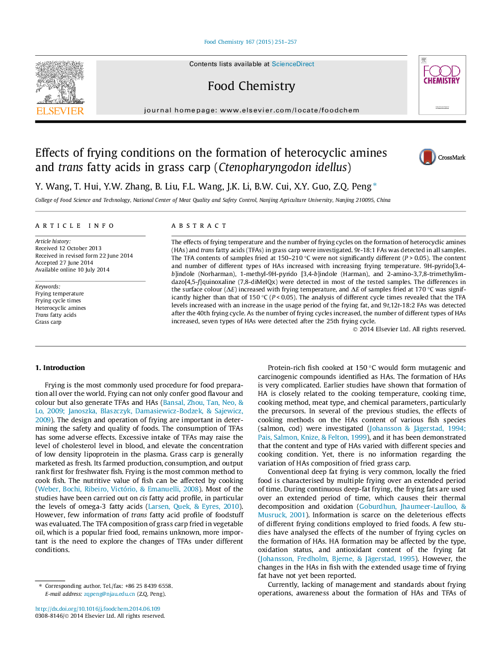 Effects of frying conditions on the formation of heterocyclic amines and trans fatty acids in grass carp (Ctenopharyngodon idellus)