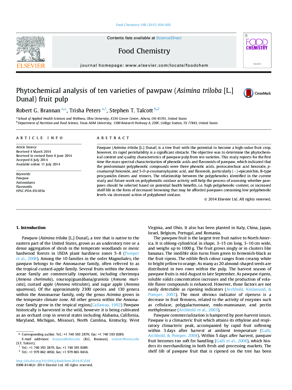 Phytochemical analysis of ten varieties of pawpaw (Asimina triloba [L.] Dunal) fruit pulp