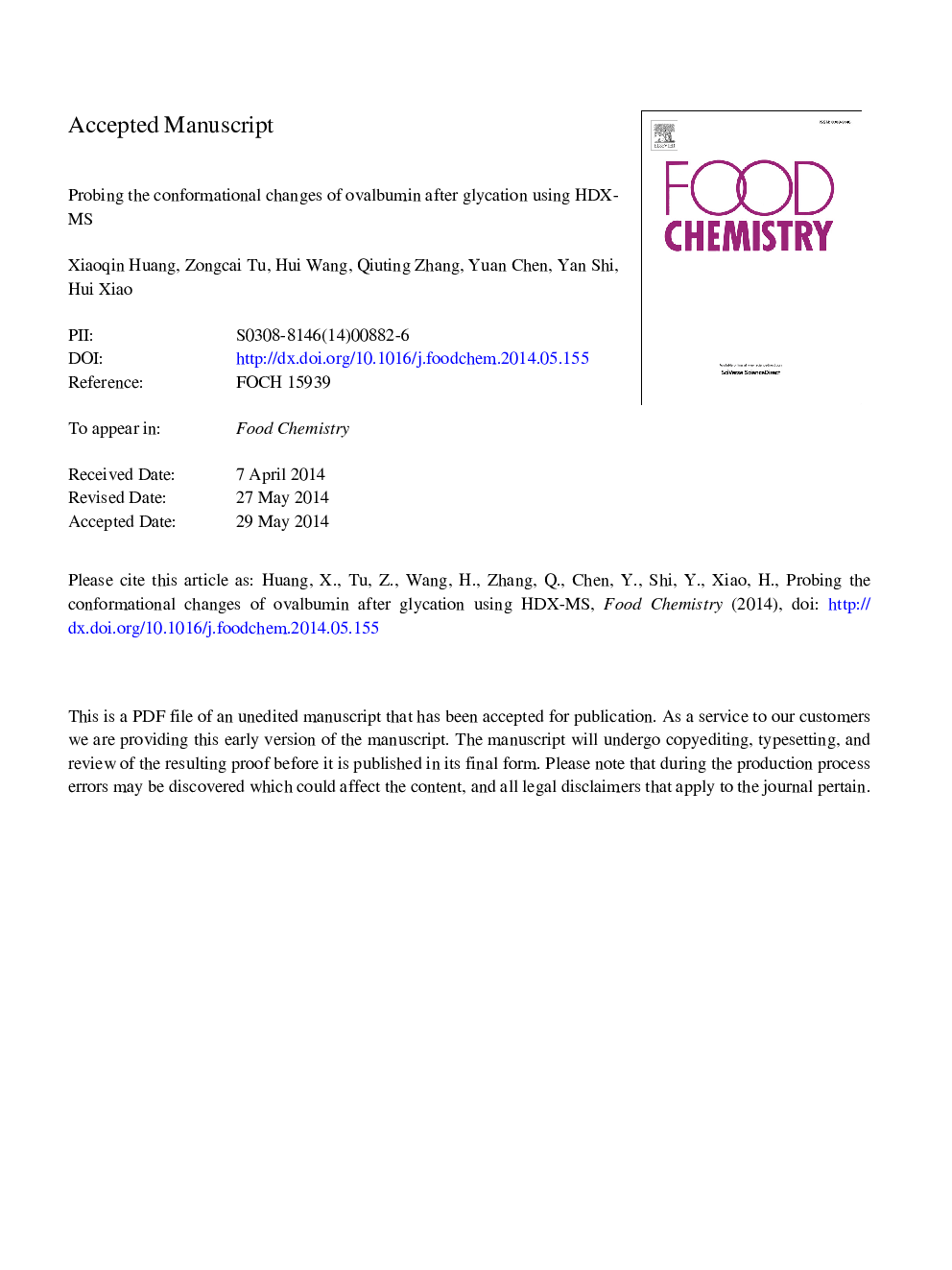 عکس صفحه اول مقاله: Probing the conformational changes of ovalbumin after glycation using HDX-MS Probing the conformational changes of ovalbumin after glycation using HDX-MS