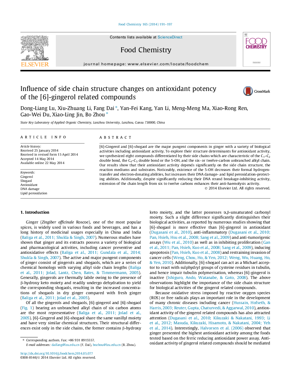 Influence of side chain structure changes on antioxidant potency of the [6]-gingerol related compounds