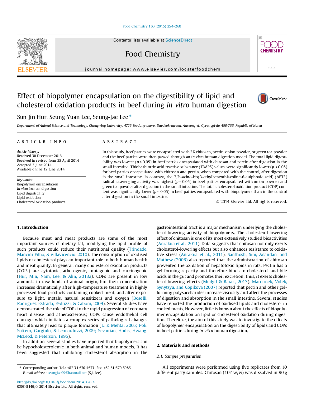 Effect of biopolymer encapsulation on the digestibility of lipid and cholesterol oxidation products in beef during in vitro human digestion