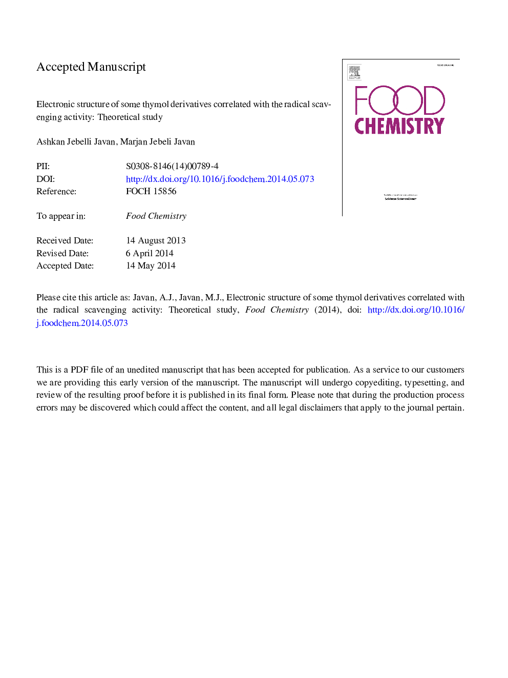 Electronic structure of some thymol derivatives correlated with the radical scavenging activity: Theoretical study